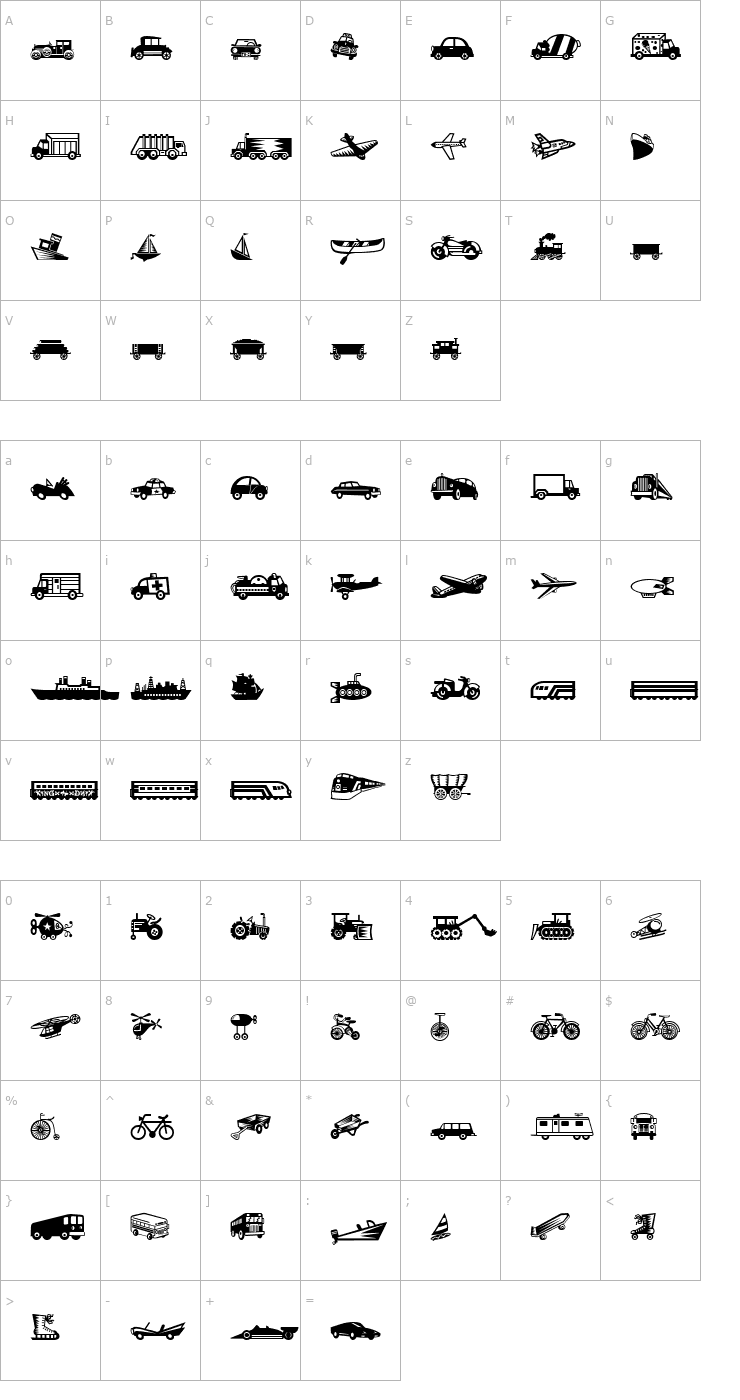 Character Map Mini Pics Lil Vehicles Font