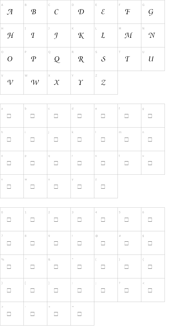 Character Map MinionDisplaySwash-Italic Font
