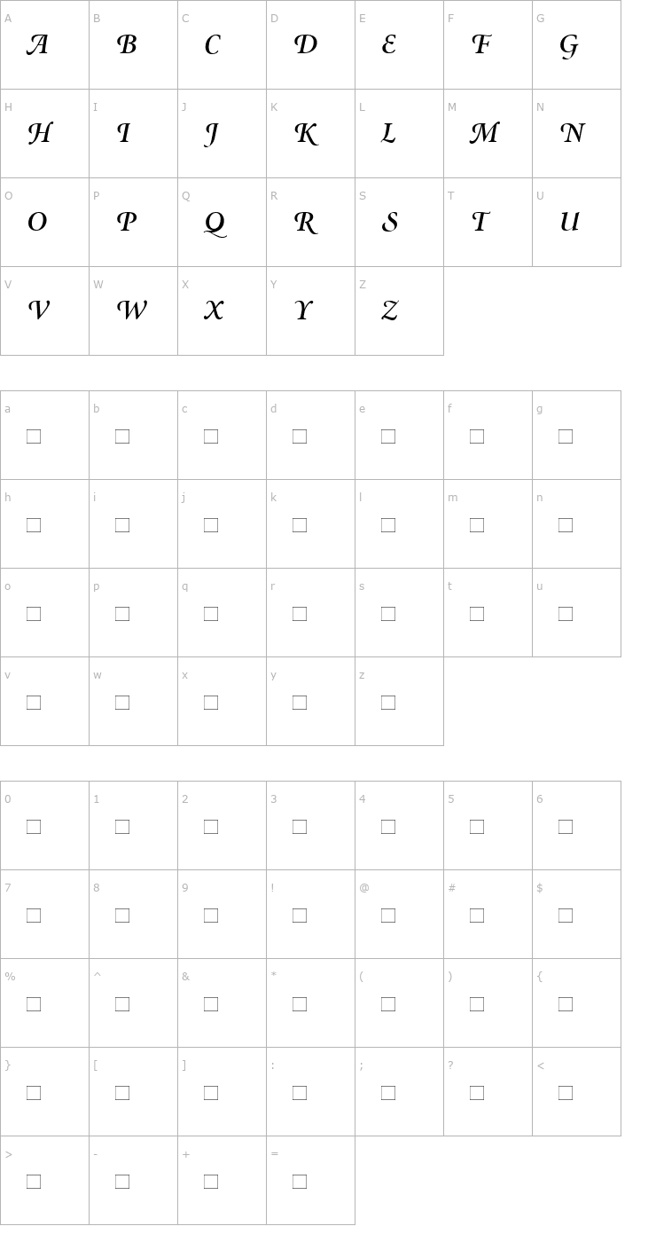 Character Map MinionSwash-SemiBold Italic Font