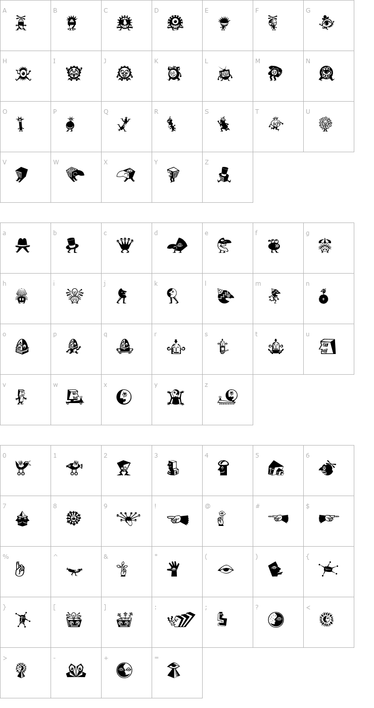 Character Map MiniPics LilCreatures Font