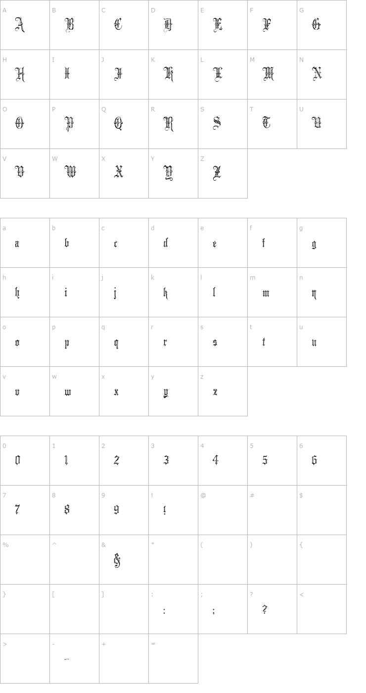 Character Map Minster No 5 Font