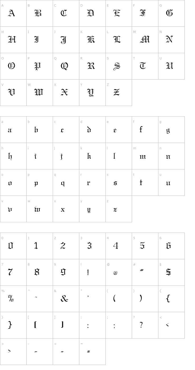 Character Map MirkwoodGothicBroad Font