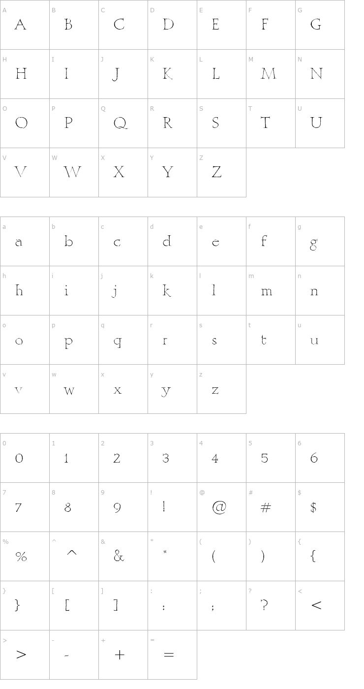 Character Map MithrasITC-Roman Font