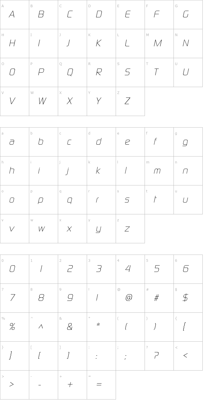 Character Map ModaerneLight Italic Font