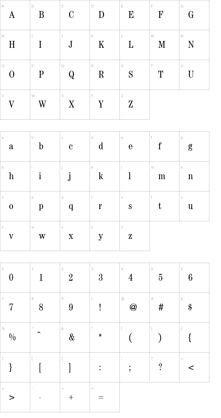 Character Map ModernCenturyCond-Regular Font