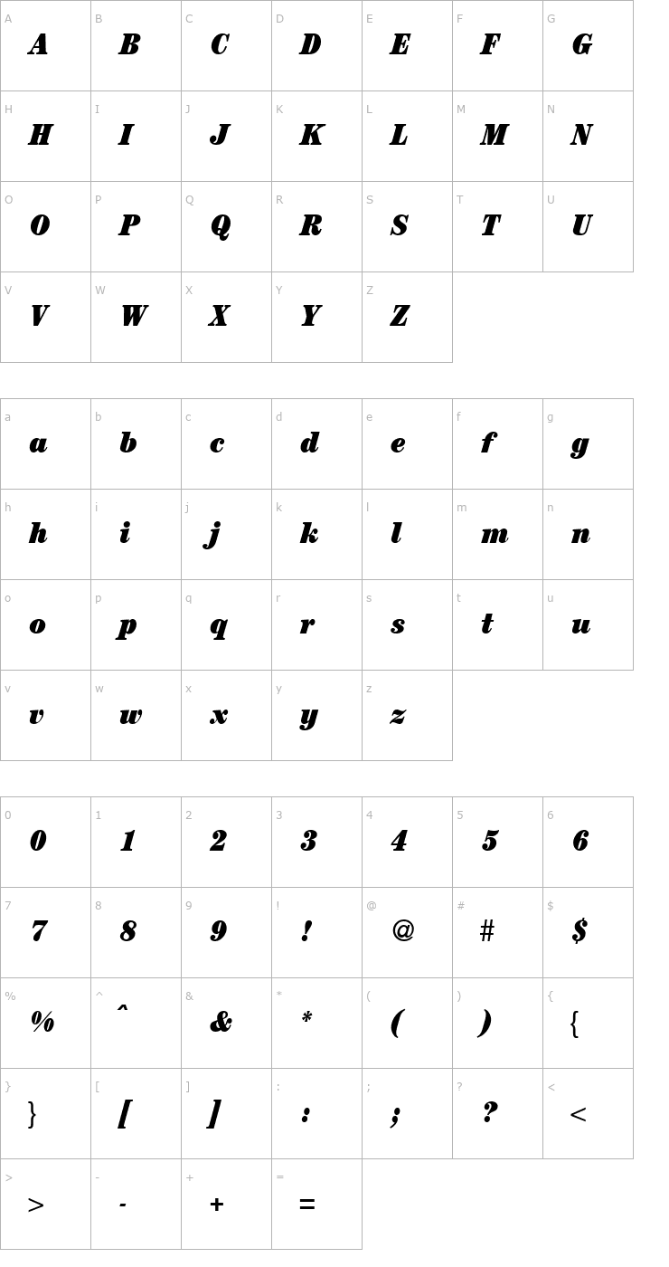 Character Map ModernCenturyCondHeavy-RegularItalic Font