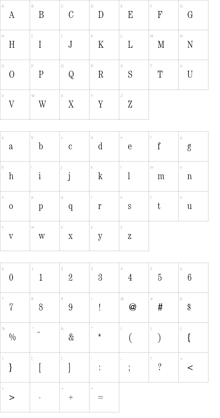 Character Map ModernCenturyCondLight-Regular Font