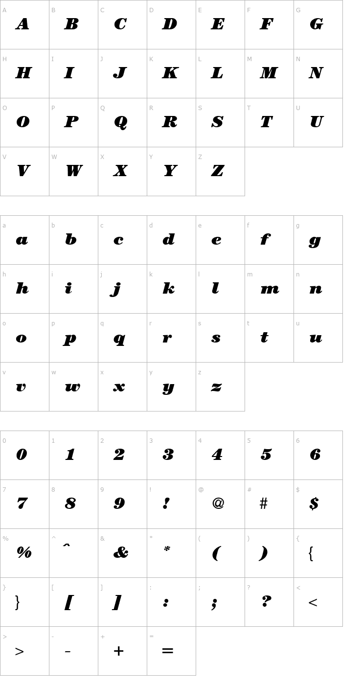 Character Map ModernCenturyHeavy-RegularItalic Font