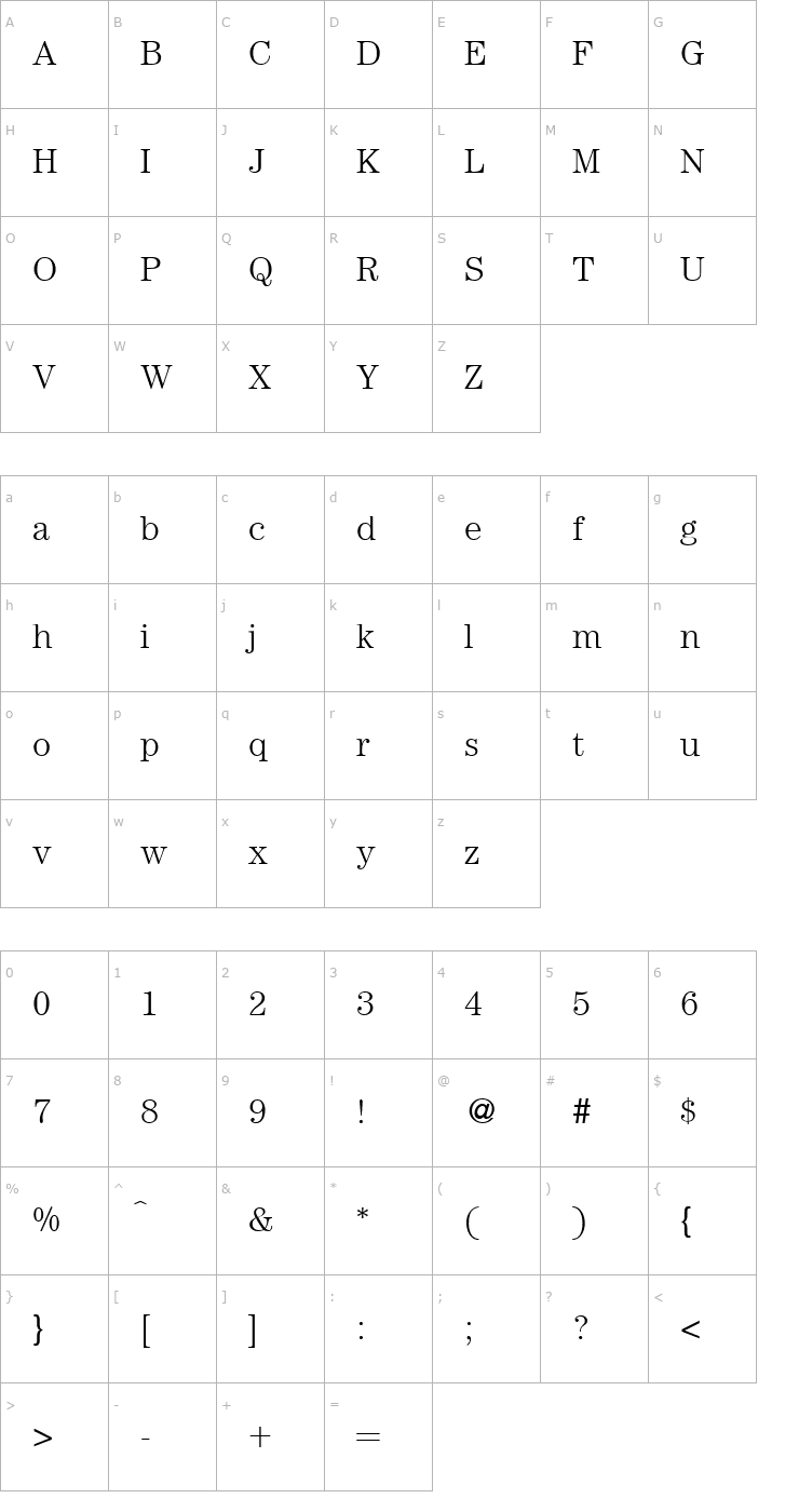 Character Map ModernCenturyLight-Regular Font
