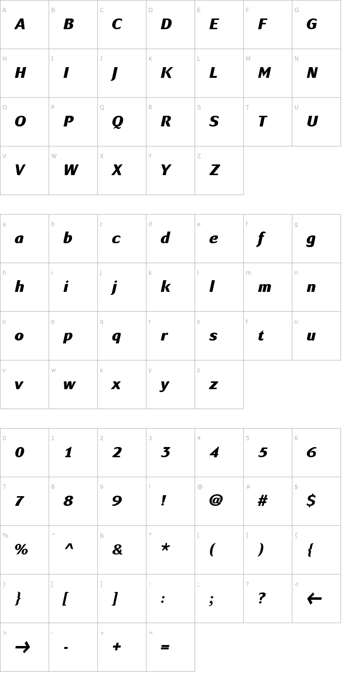 Character Map MondialPlus Xbold Italic PDF Font