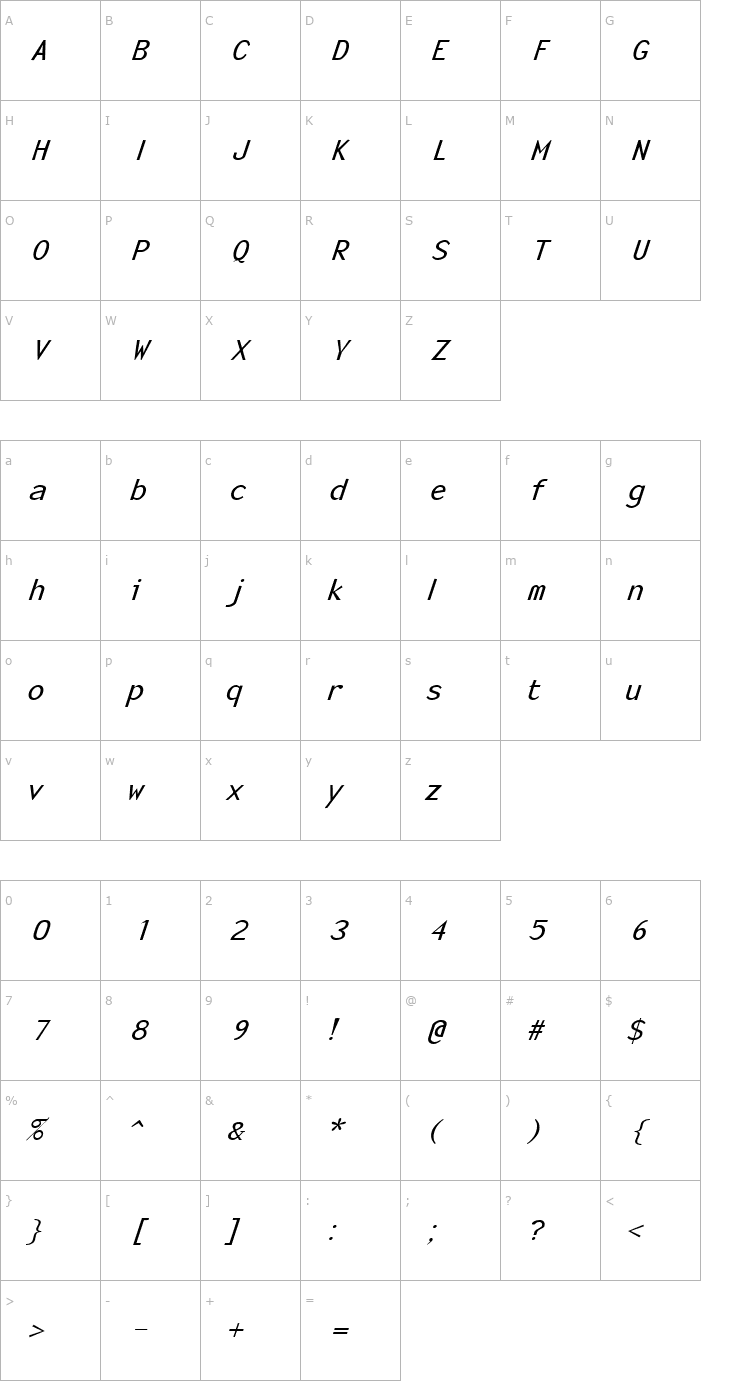 Character Map Monotony Italic Font