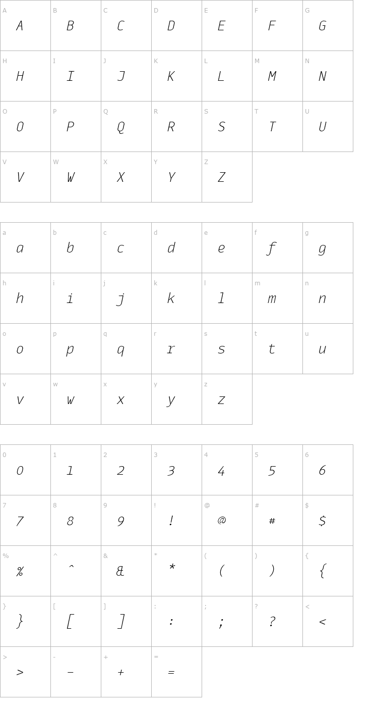 Character Map MonoxExtraLightItalic Font