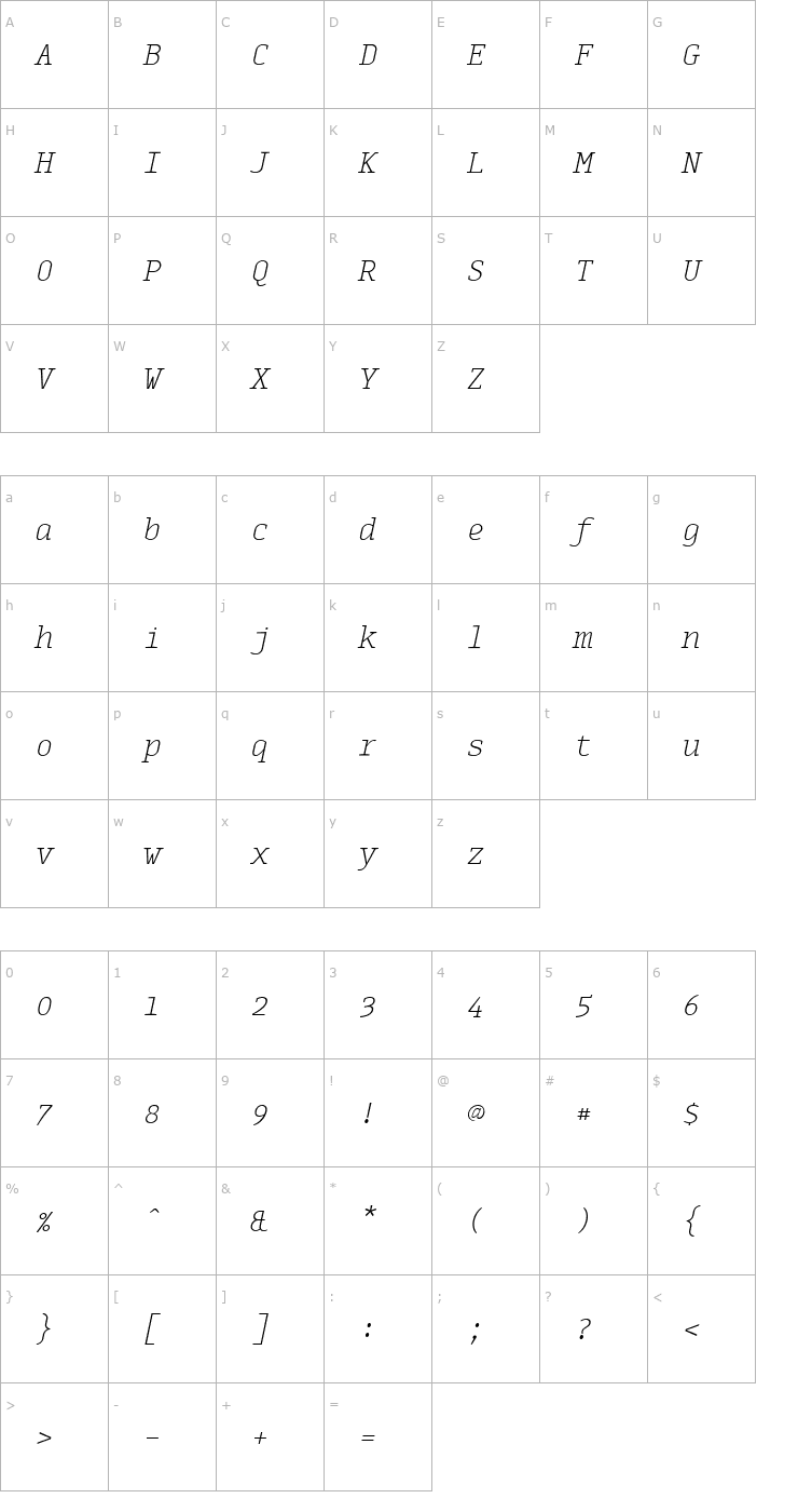 Character Map MonoxSerifExtraLightItalic Font