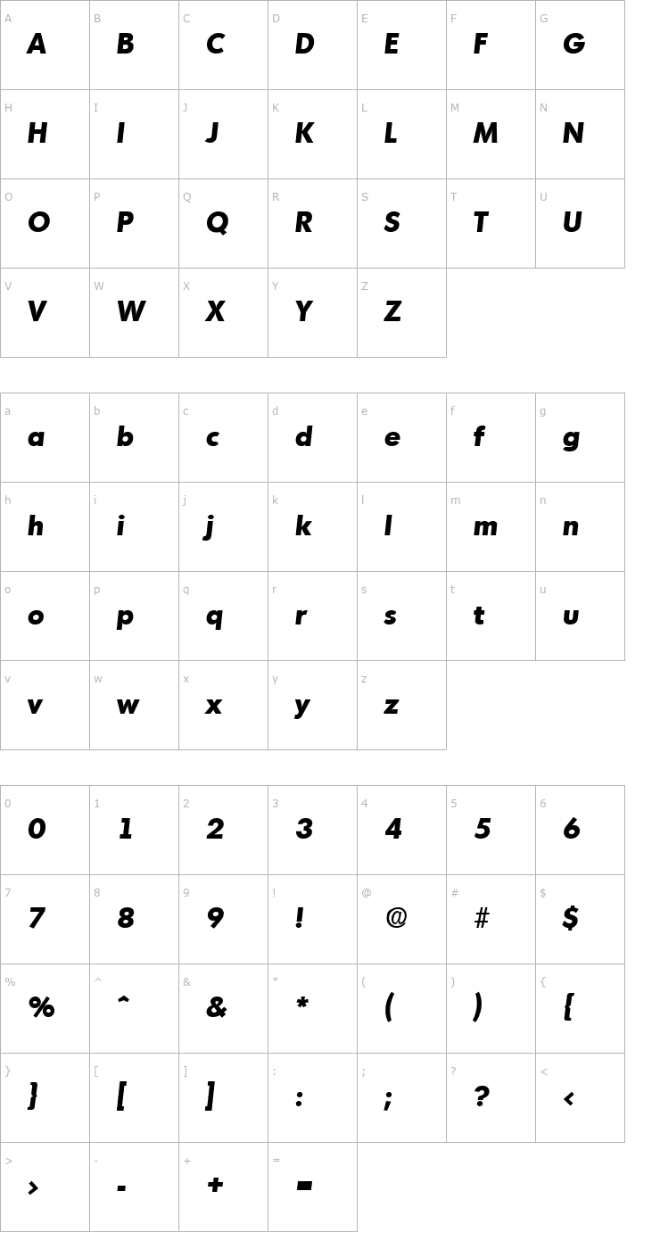 Character Map Montreal-BoldIta Font