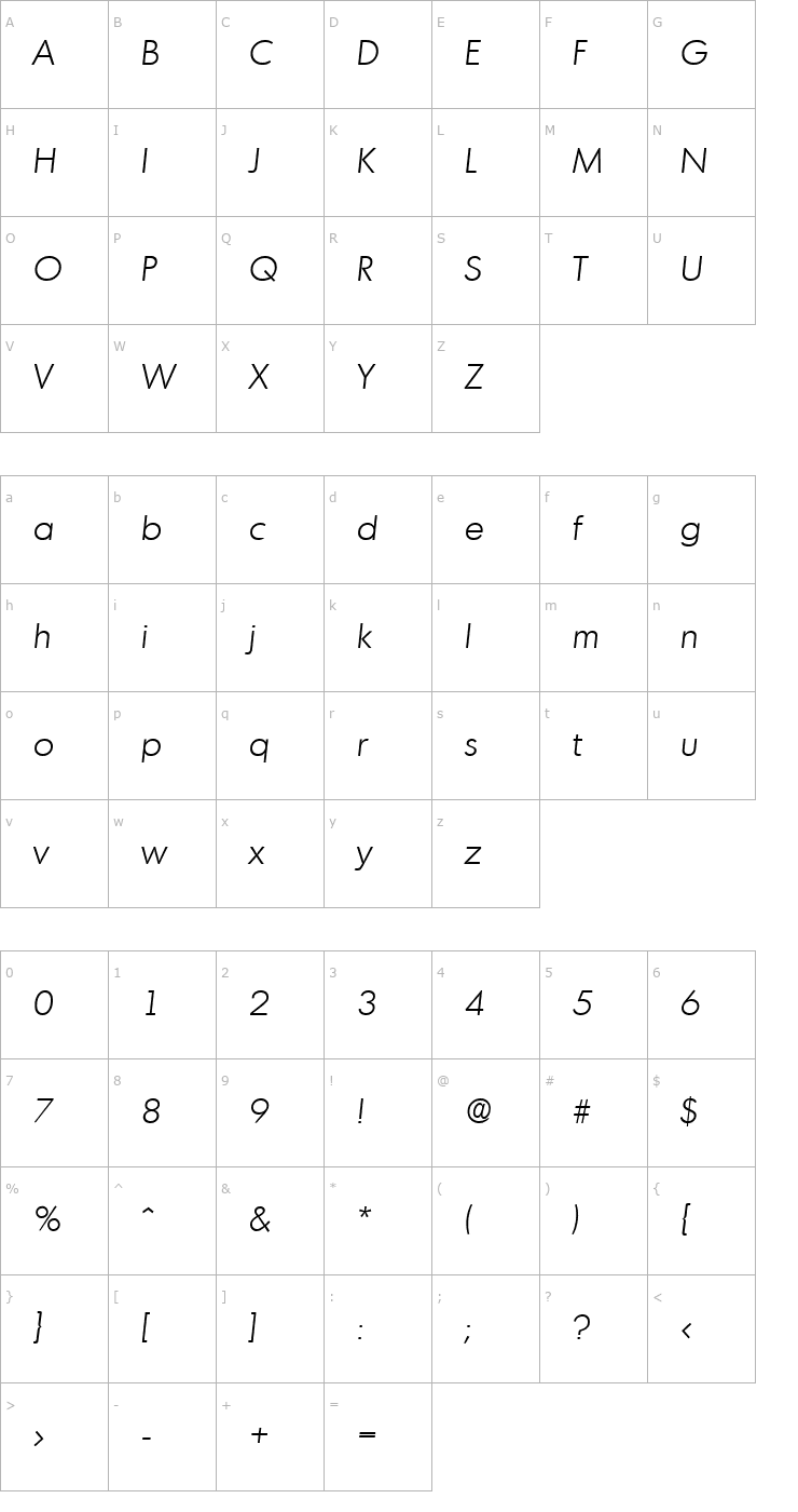 Character Map Montreal-LightIta Font