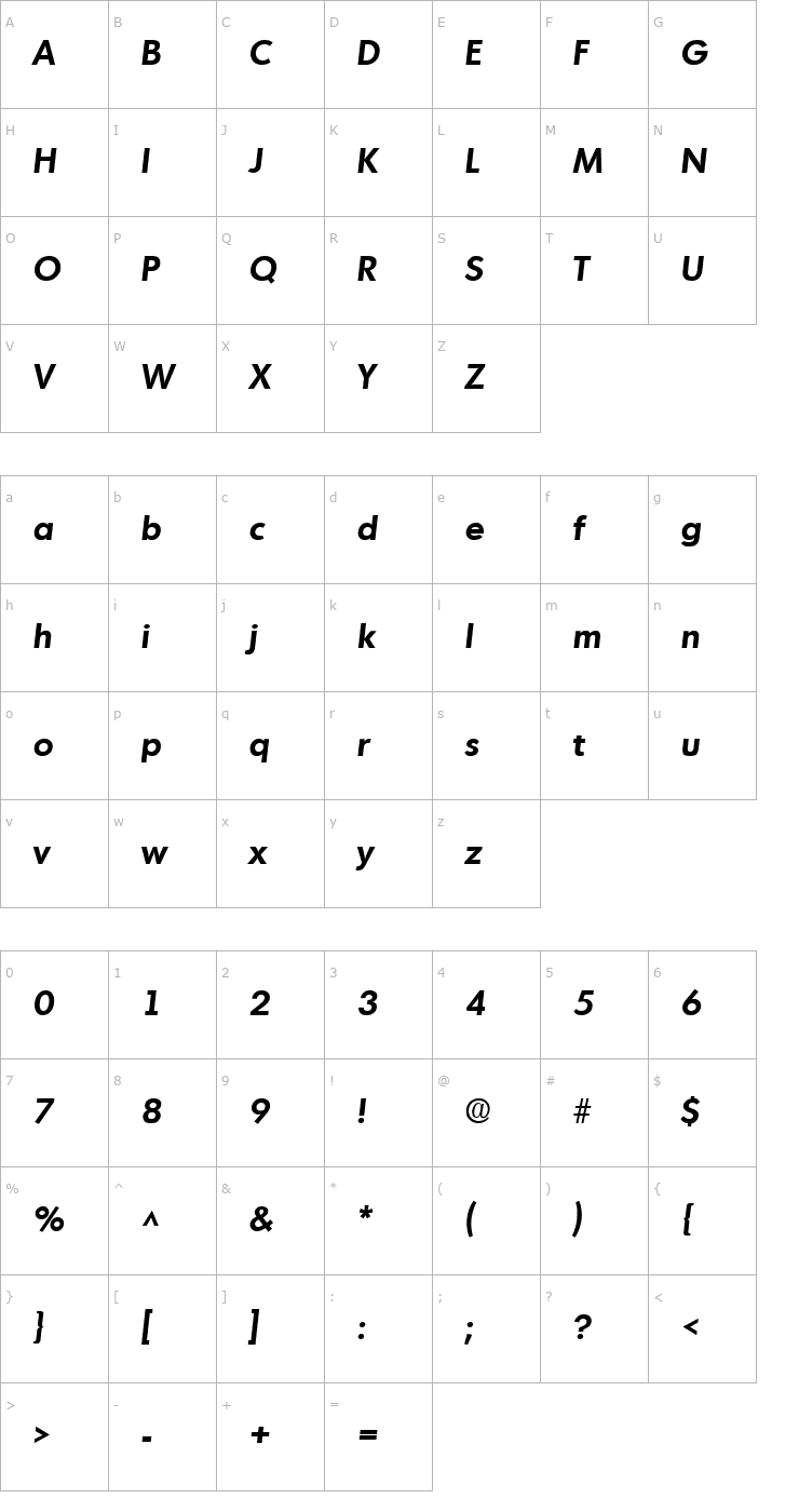 Character Map Montreal SF Bold Italic Font