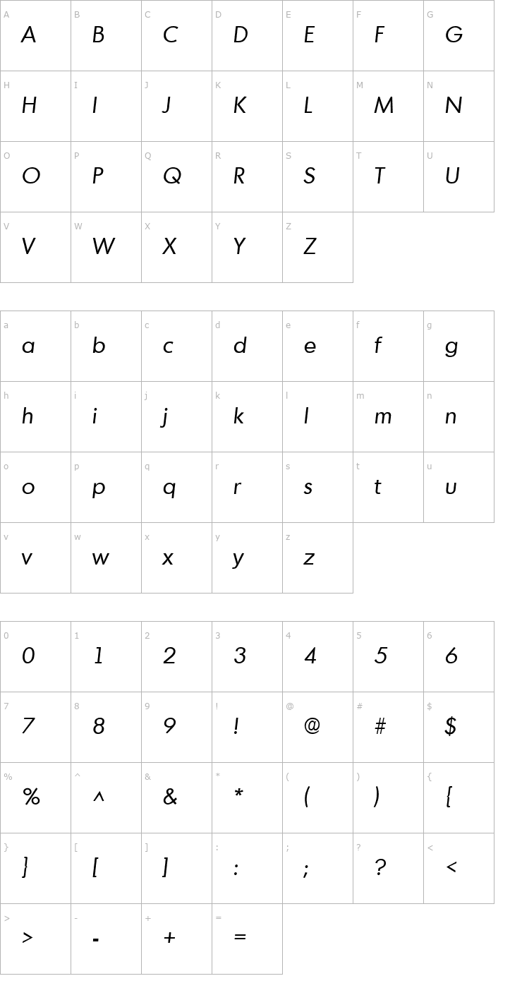 Character Map Montreal SF Italic Font