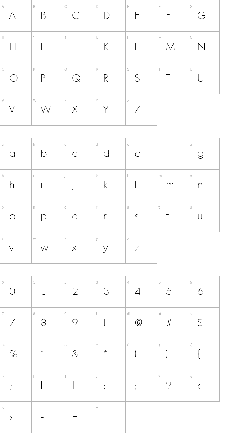 Character Map Montreal-Xlight Font