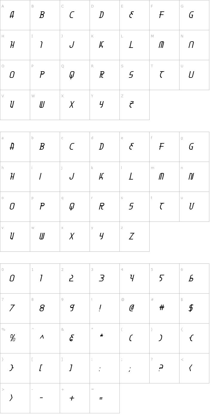 Character Map Moon Dart Italic Font