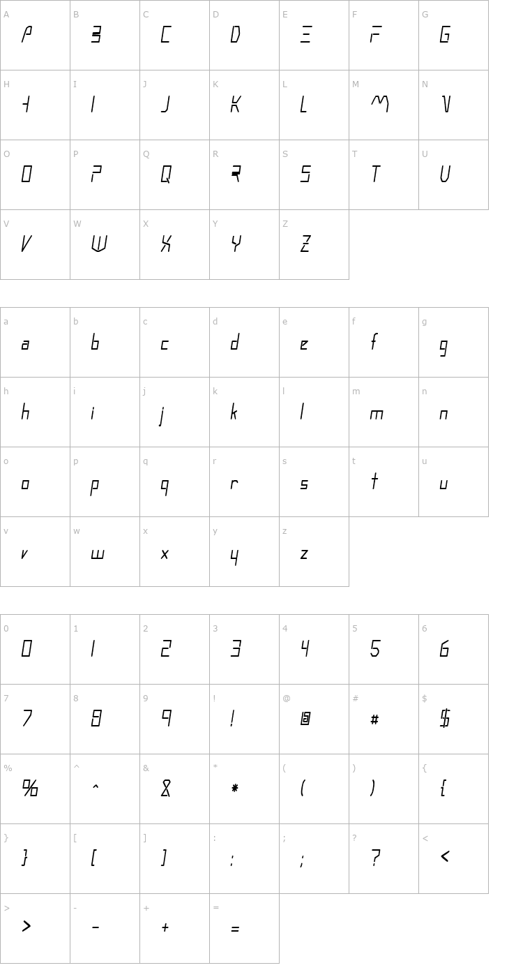 Character Map MoonwalkerCondensed Oblique Font