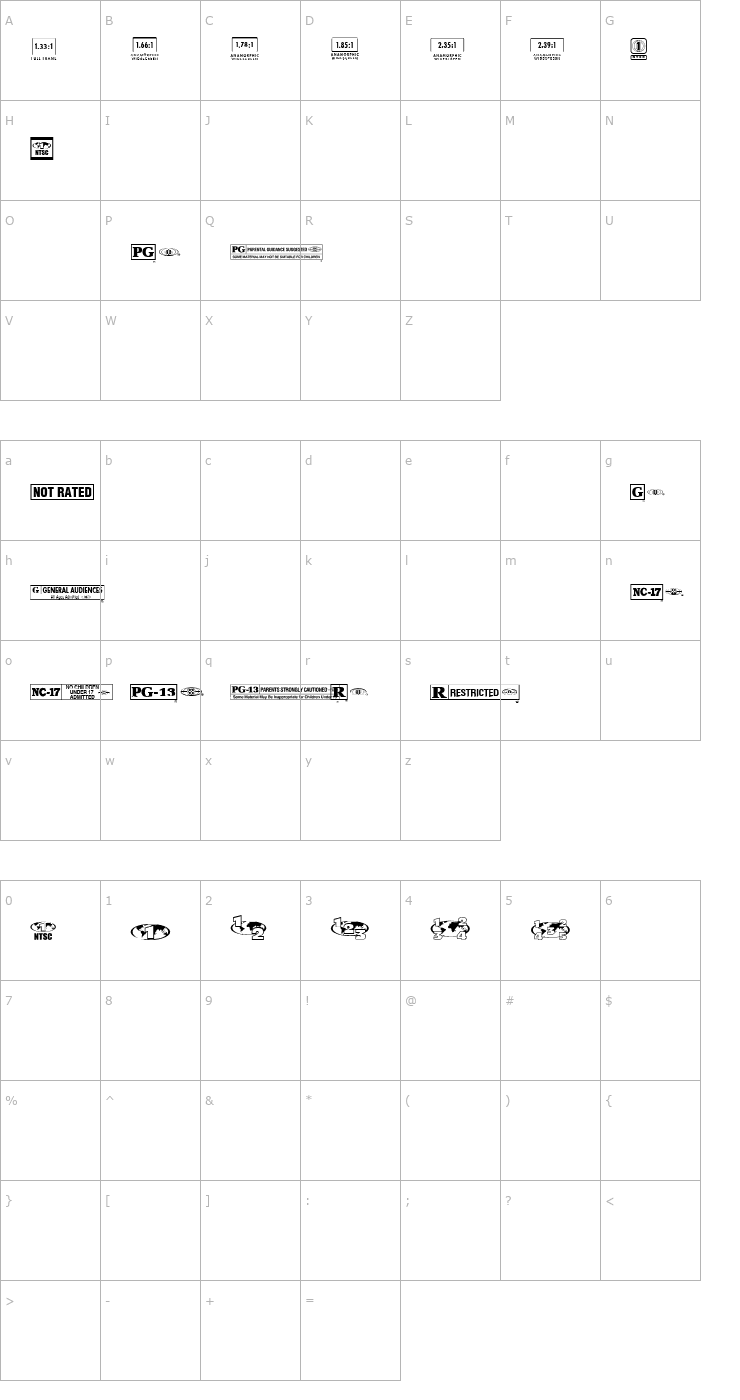 Character Map MovieRatingsAndFormats Font