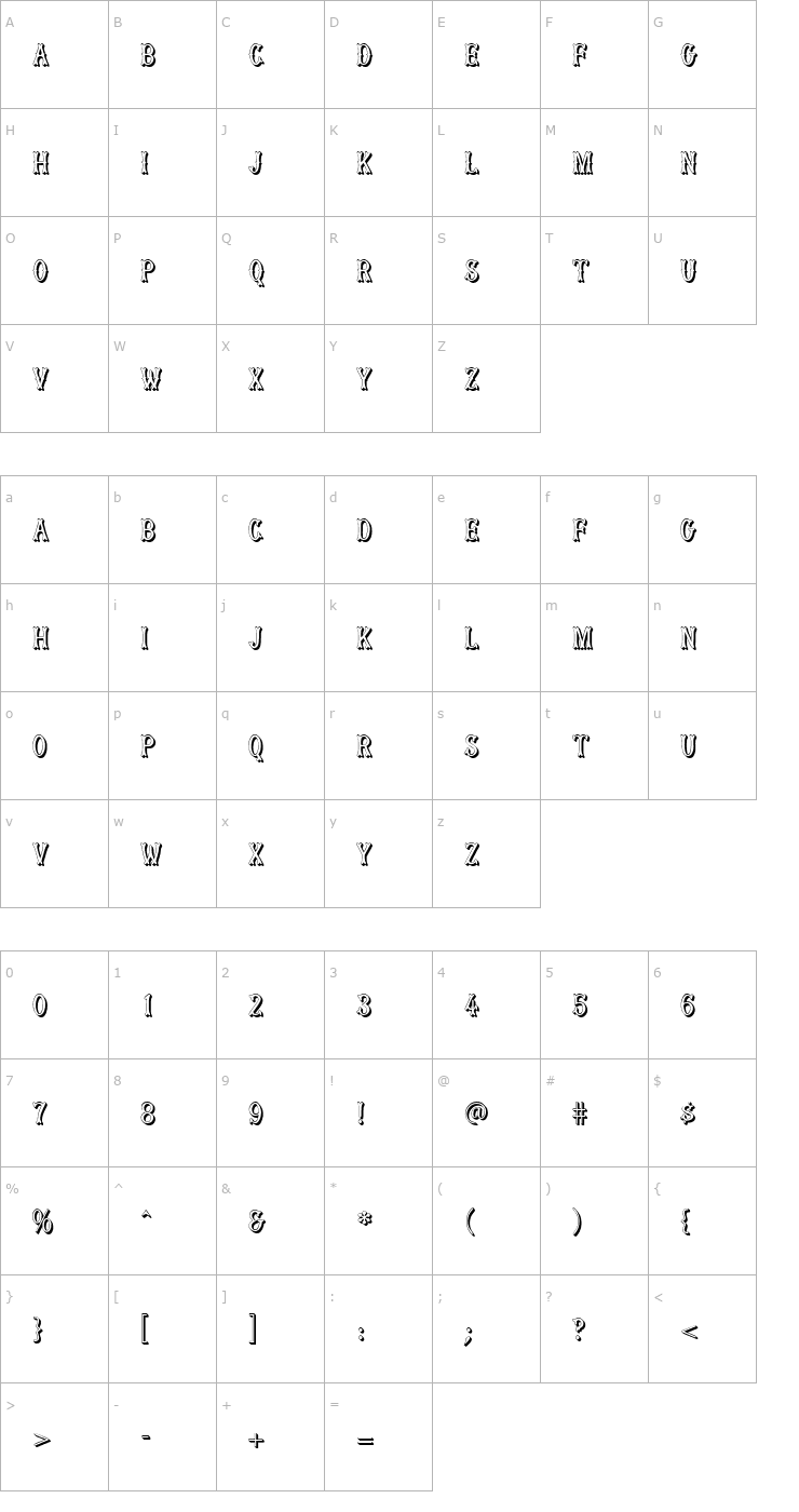 Character Map MuskitosCapsShadDown Font