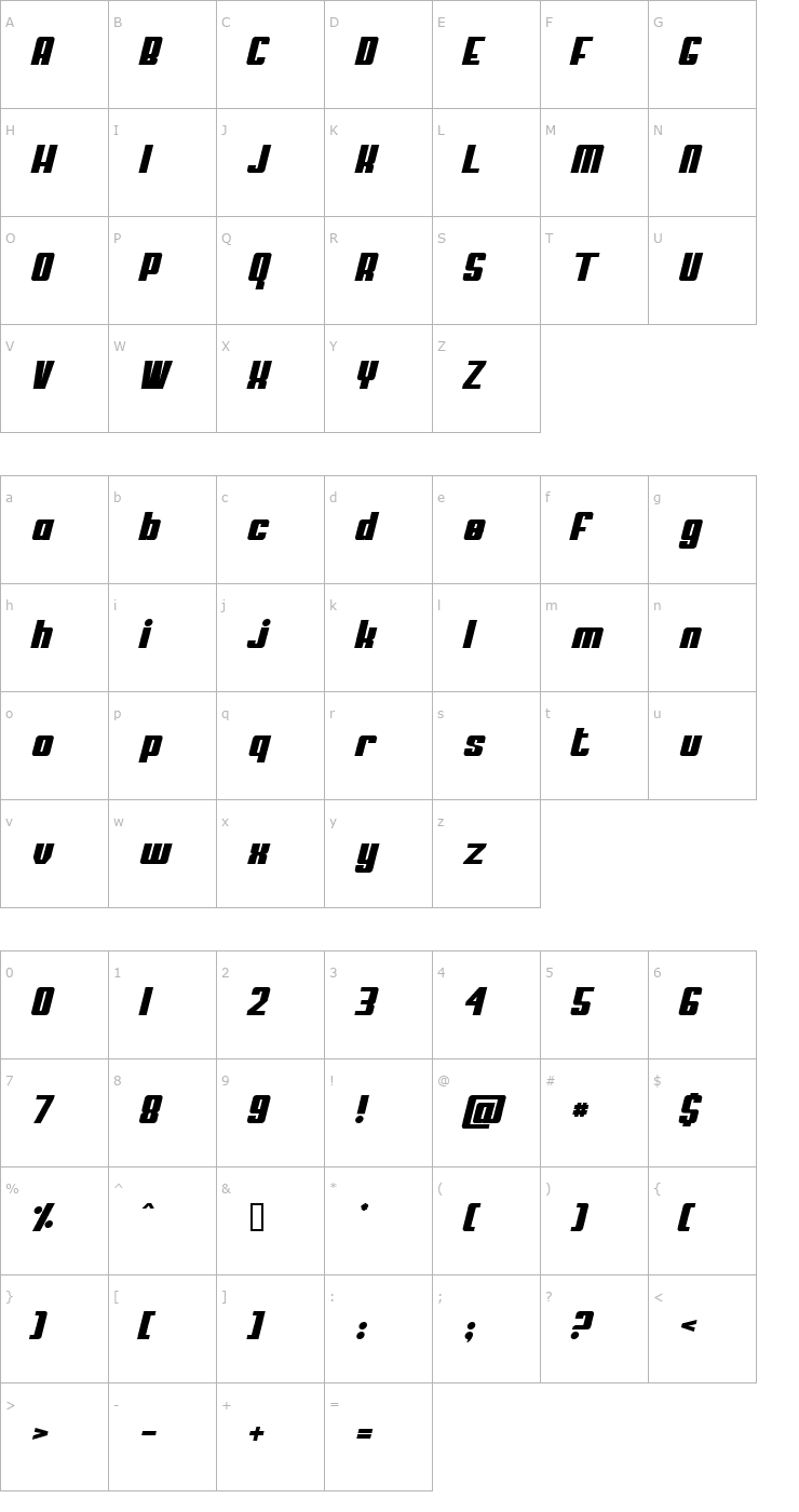 Character Map My Puma Oblique Font