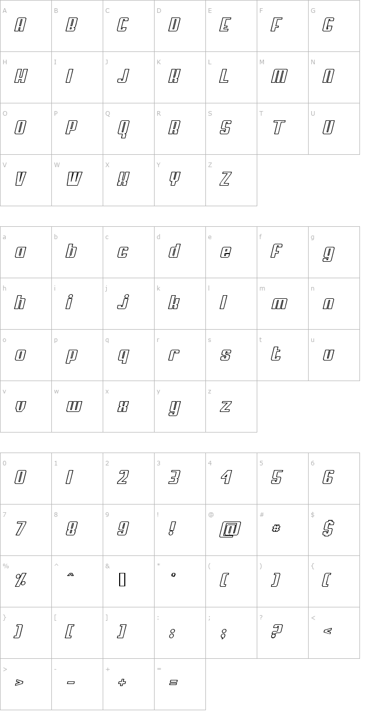 Character Map My Puma Oblique Outlined Font