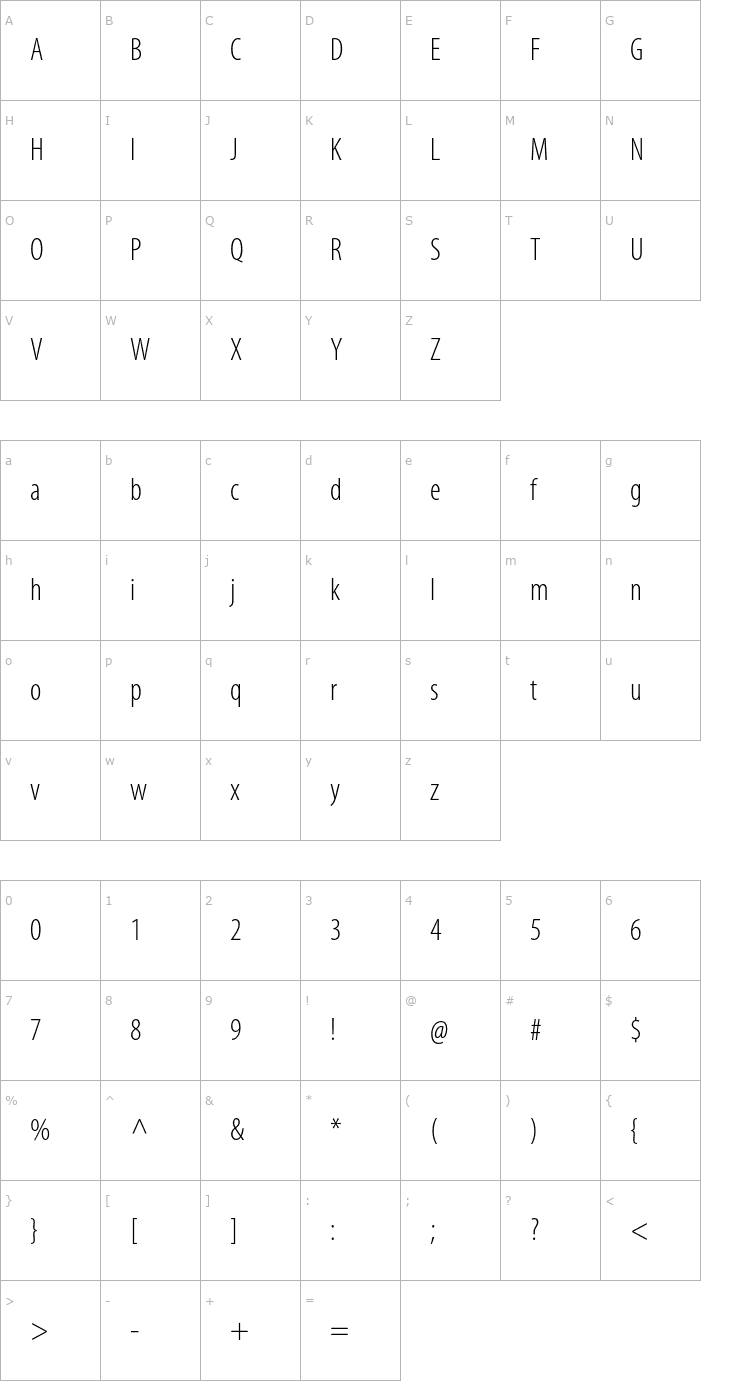 Character Map MyriadPro-LightCond Font