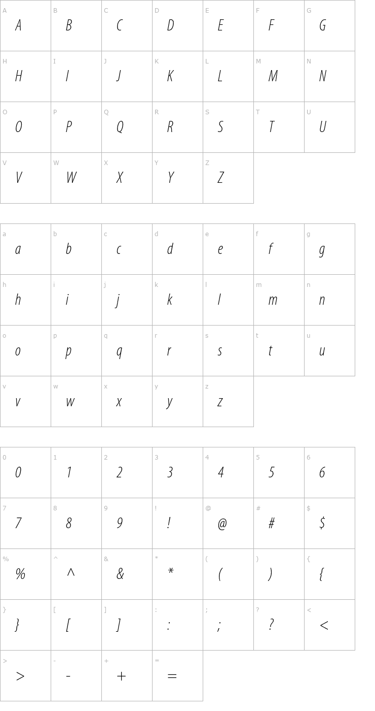 Character Map MyriadPro-LightCondIt Font
