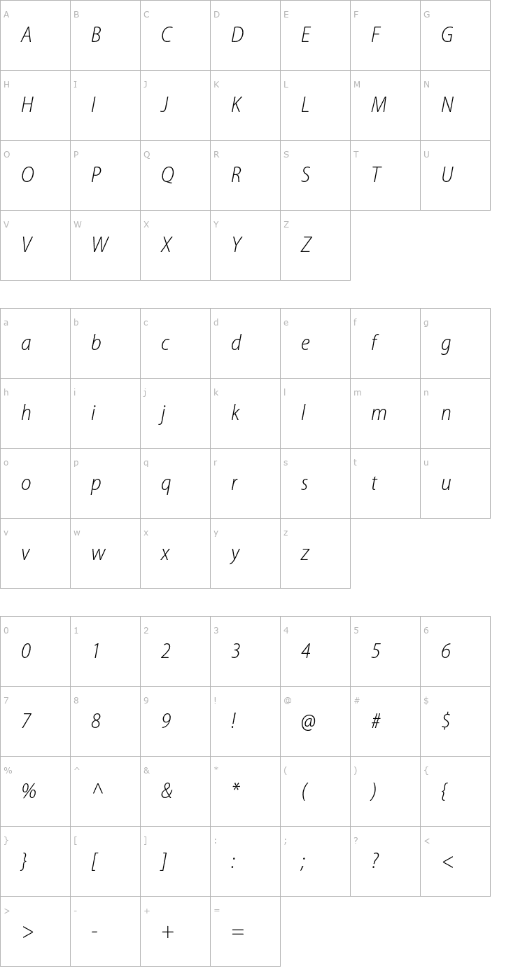 Character Map MyriadPro-LightSemiCnIt Font