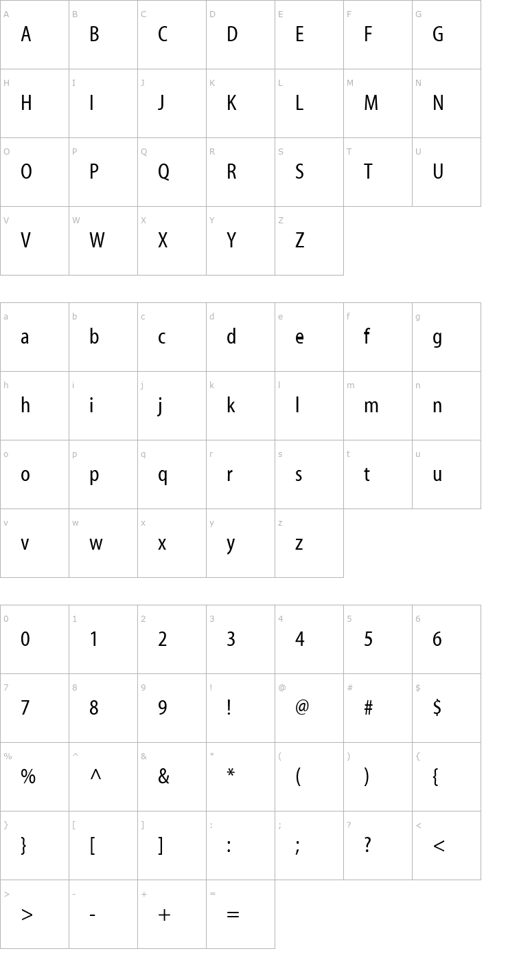 Character Map MyriadRegularCondensed Font