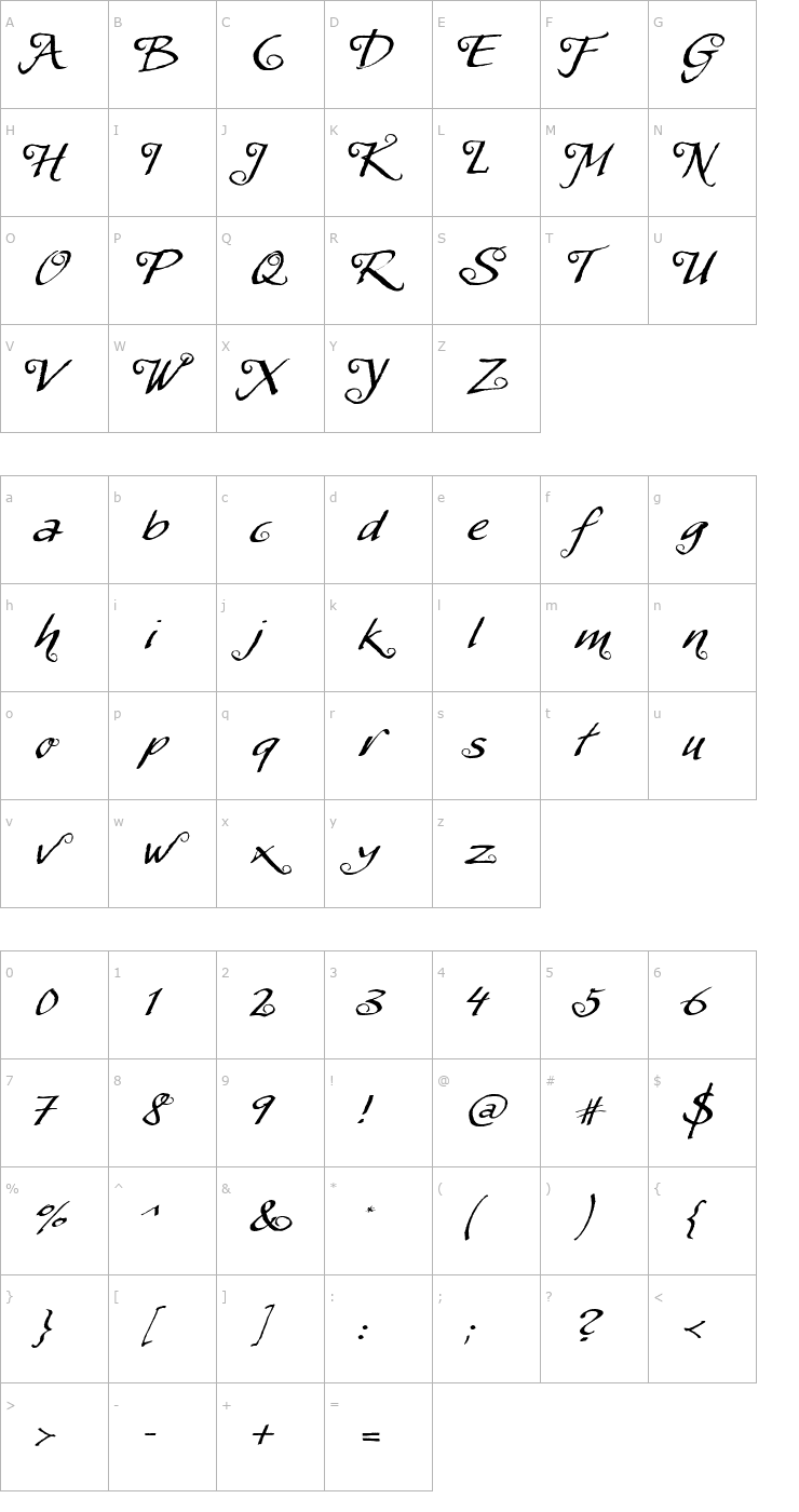 Character Map MyScript Swashes PDF Font