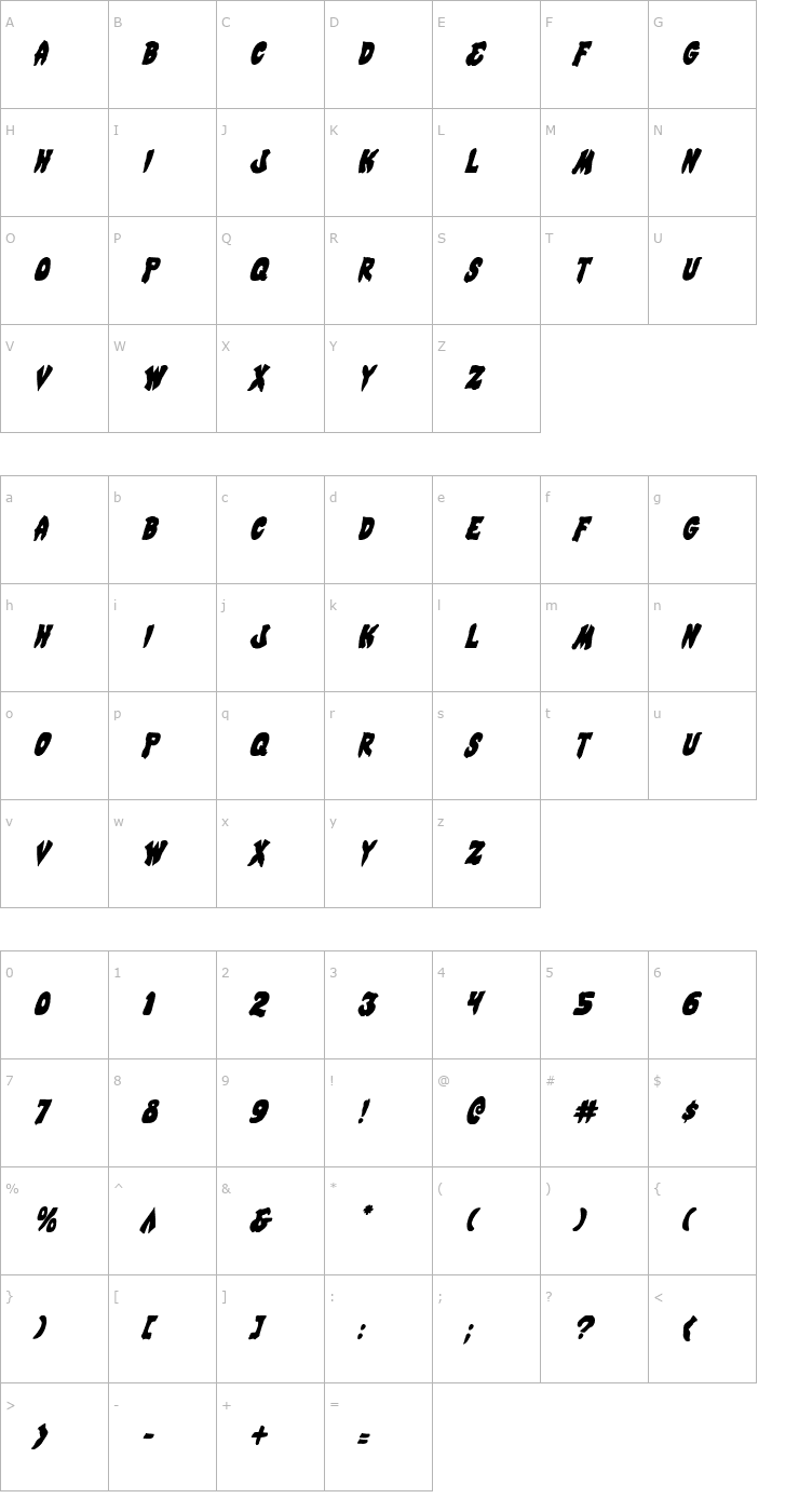 Character Map Mystic Singler Condensed Italic Font