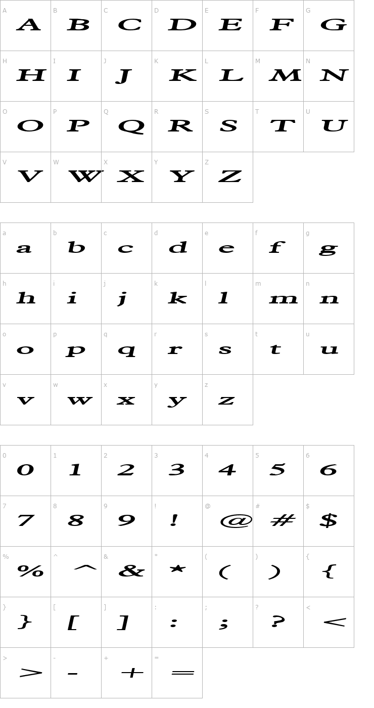 Character Map Nadine Extended BoldItalic Font