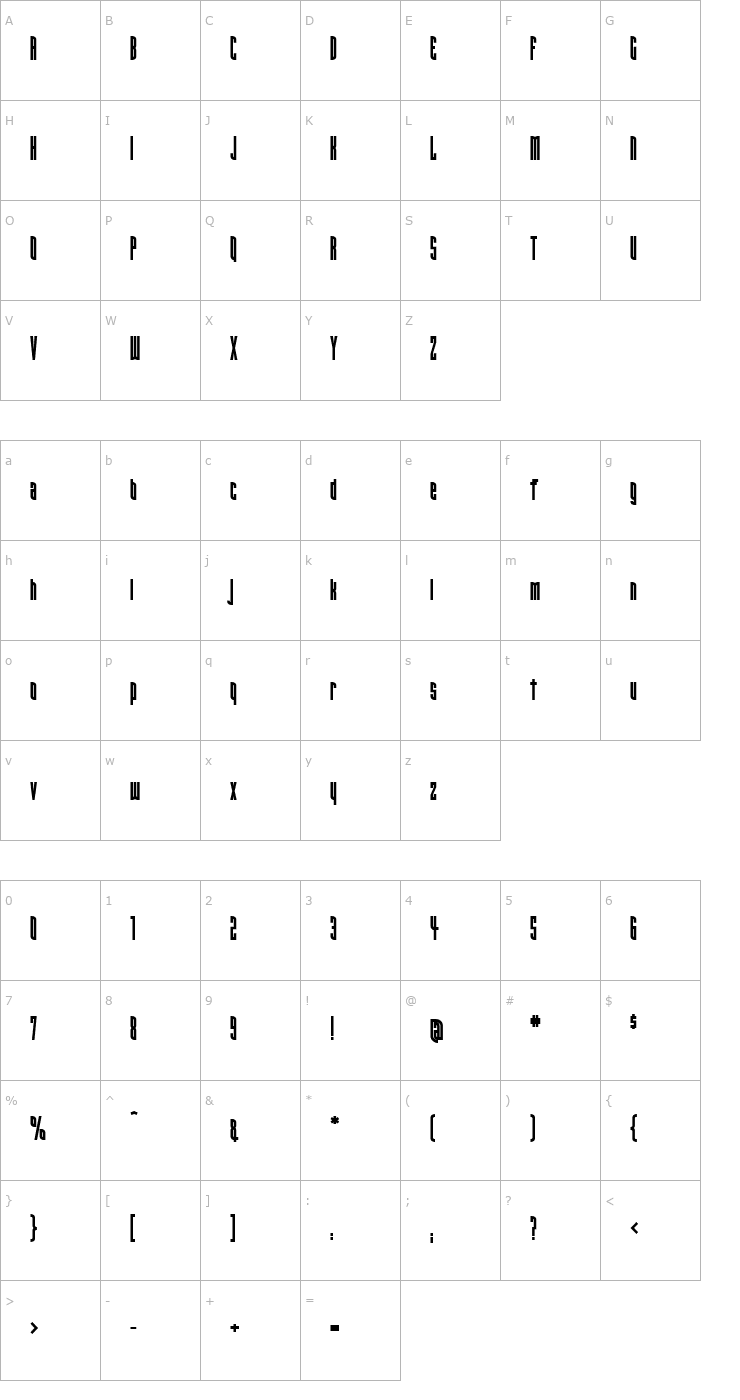Character Map Narrowband Prime ICG Bold Font