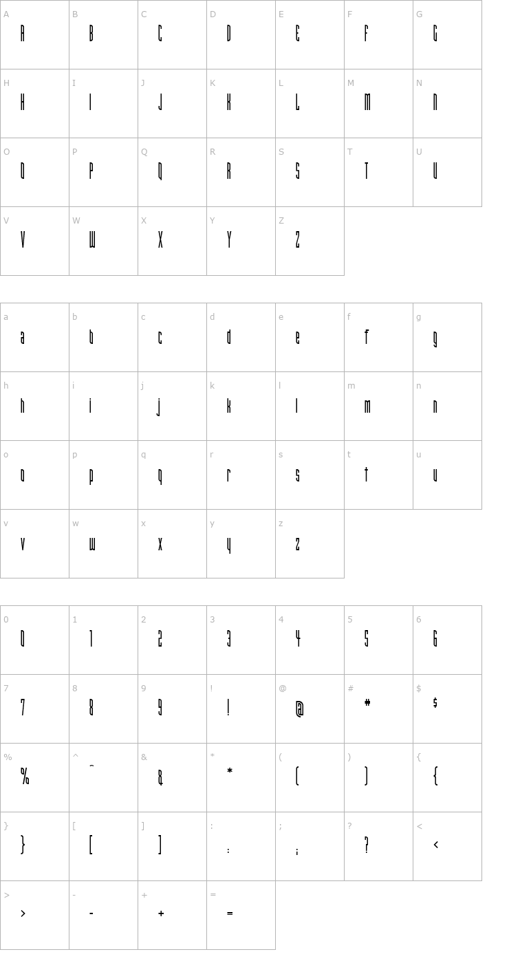 Character Map Narrowband Prime ICG Font