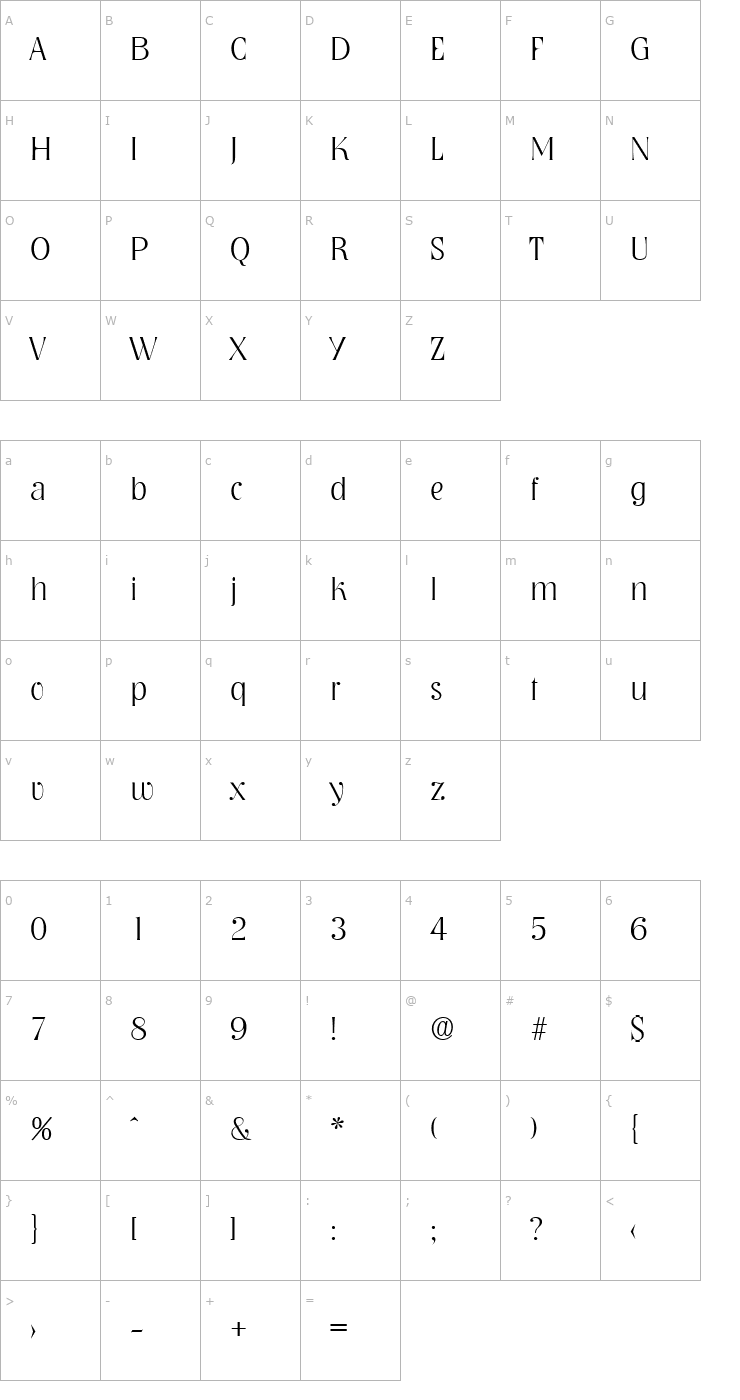 Character Map Nashville-Serial-ExtraLight-Regular Font