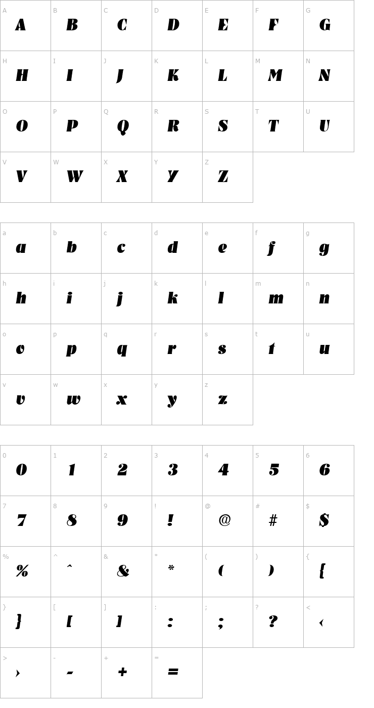 Character Map Nashville-Serial-Heavy-RegularItalic Font