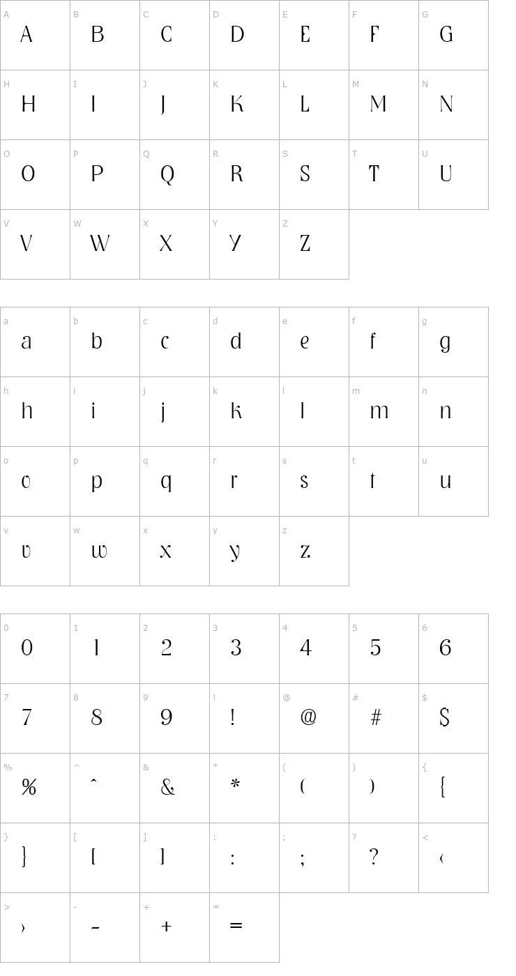 Character Map Nashville-Xlight Font