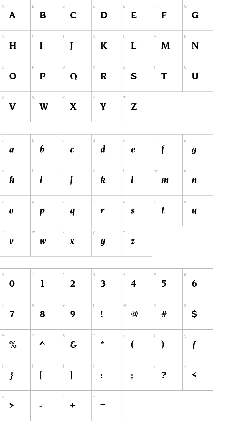 Character Map Navarro Bold Italic Font