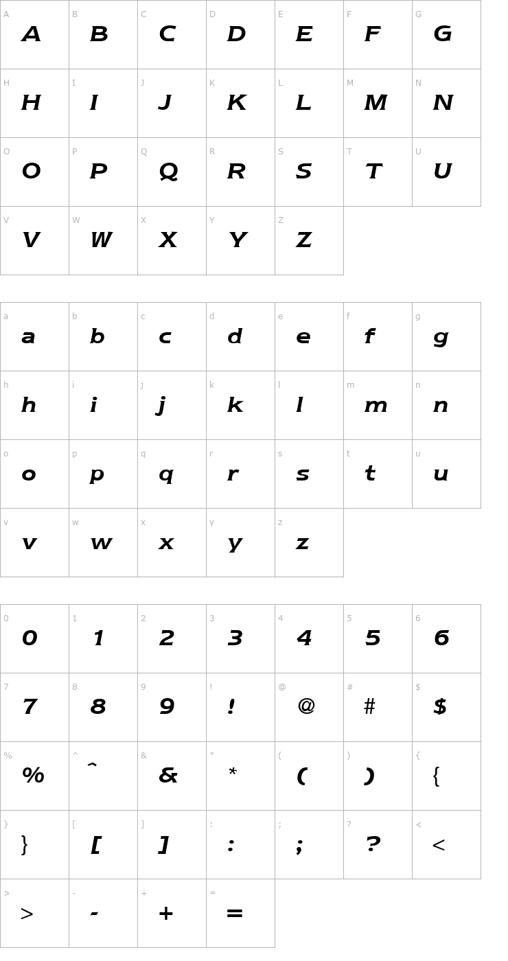 Character Map Nebraska-BoldItalic Font
