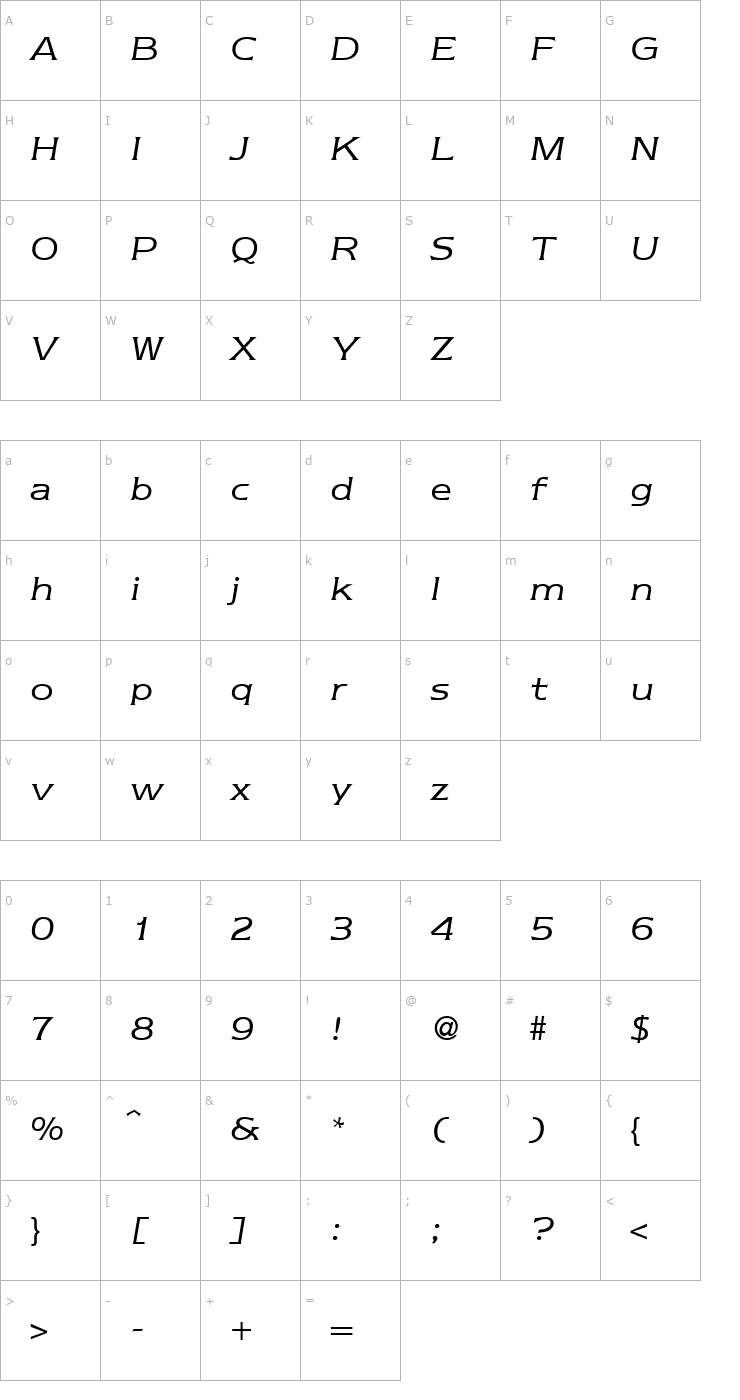 Character Map Nebraska-RegularItalic Font