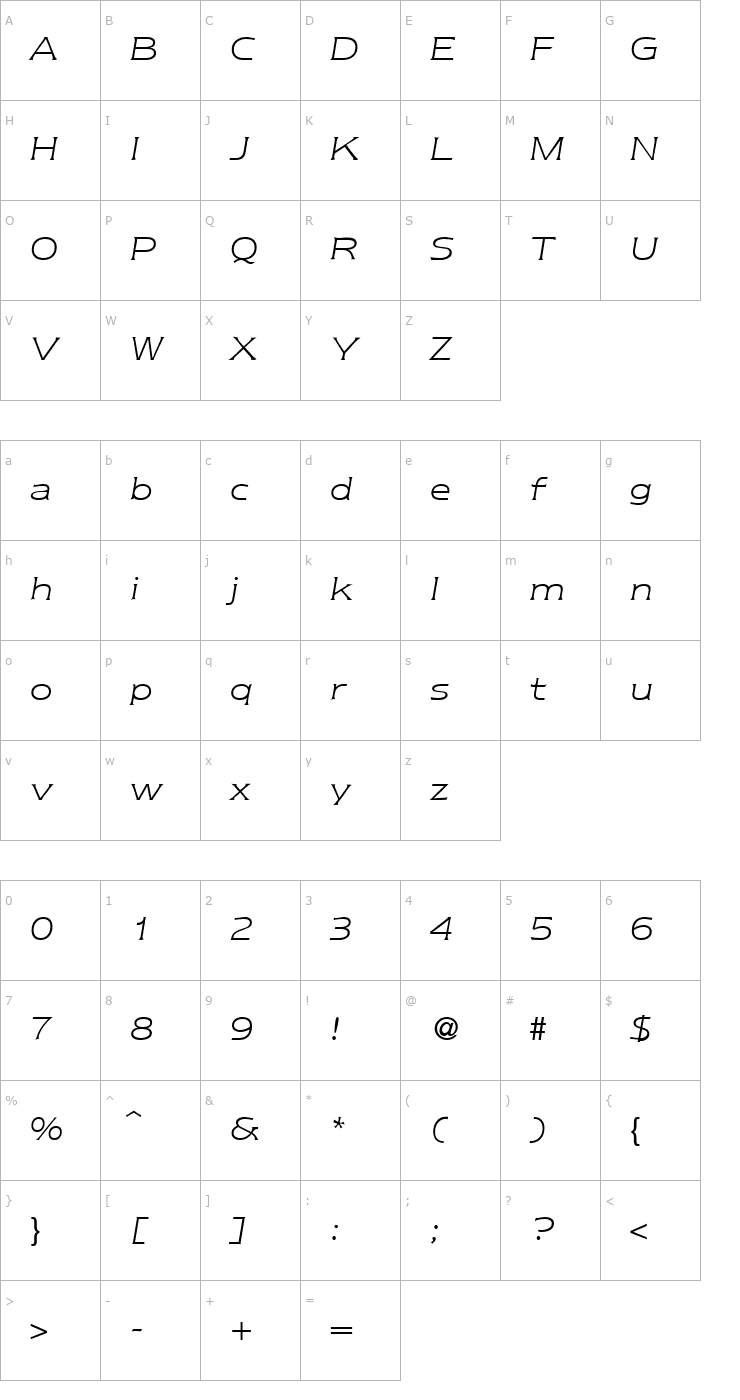 Character Map NebraskaLight-RegularItalic Font