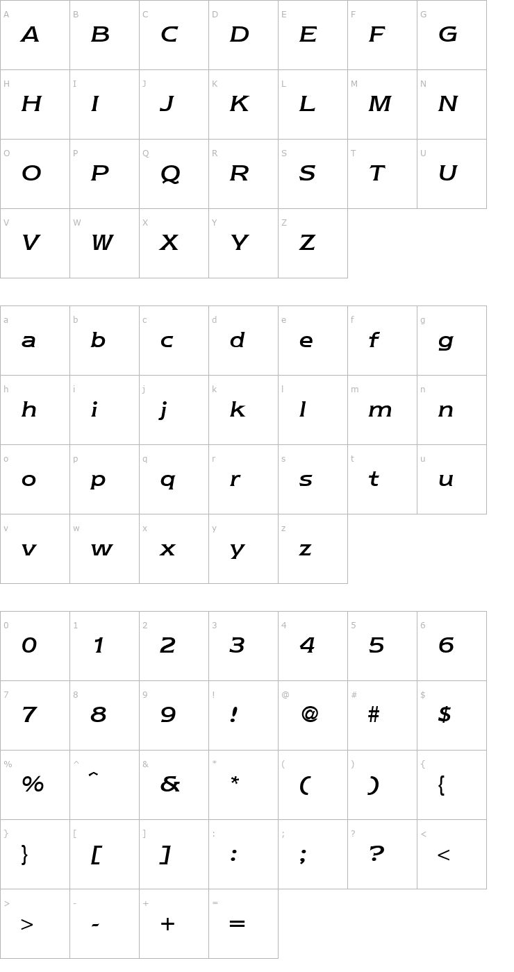 Character Map NebraskaMedium-RegularItalic Font