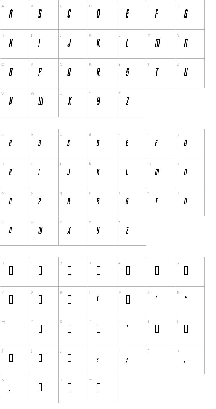 Character Map NebulaCondensed Italic Font