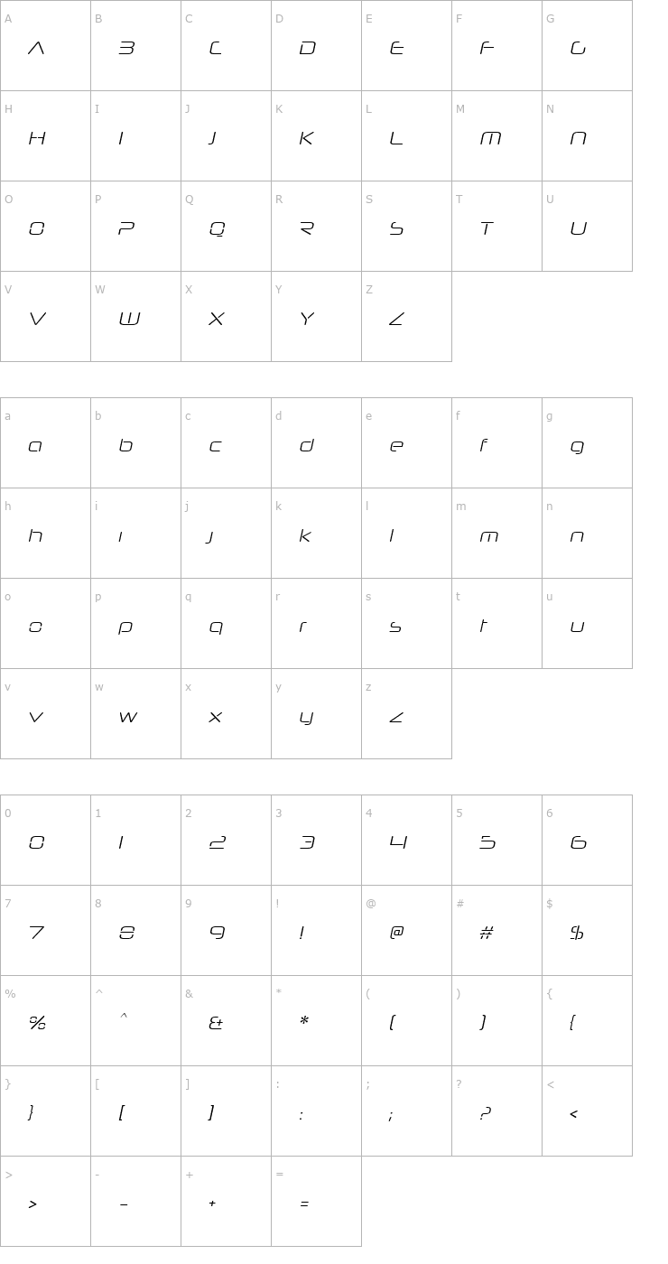 Character Map Neuropol Nova Lite Italic Font