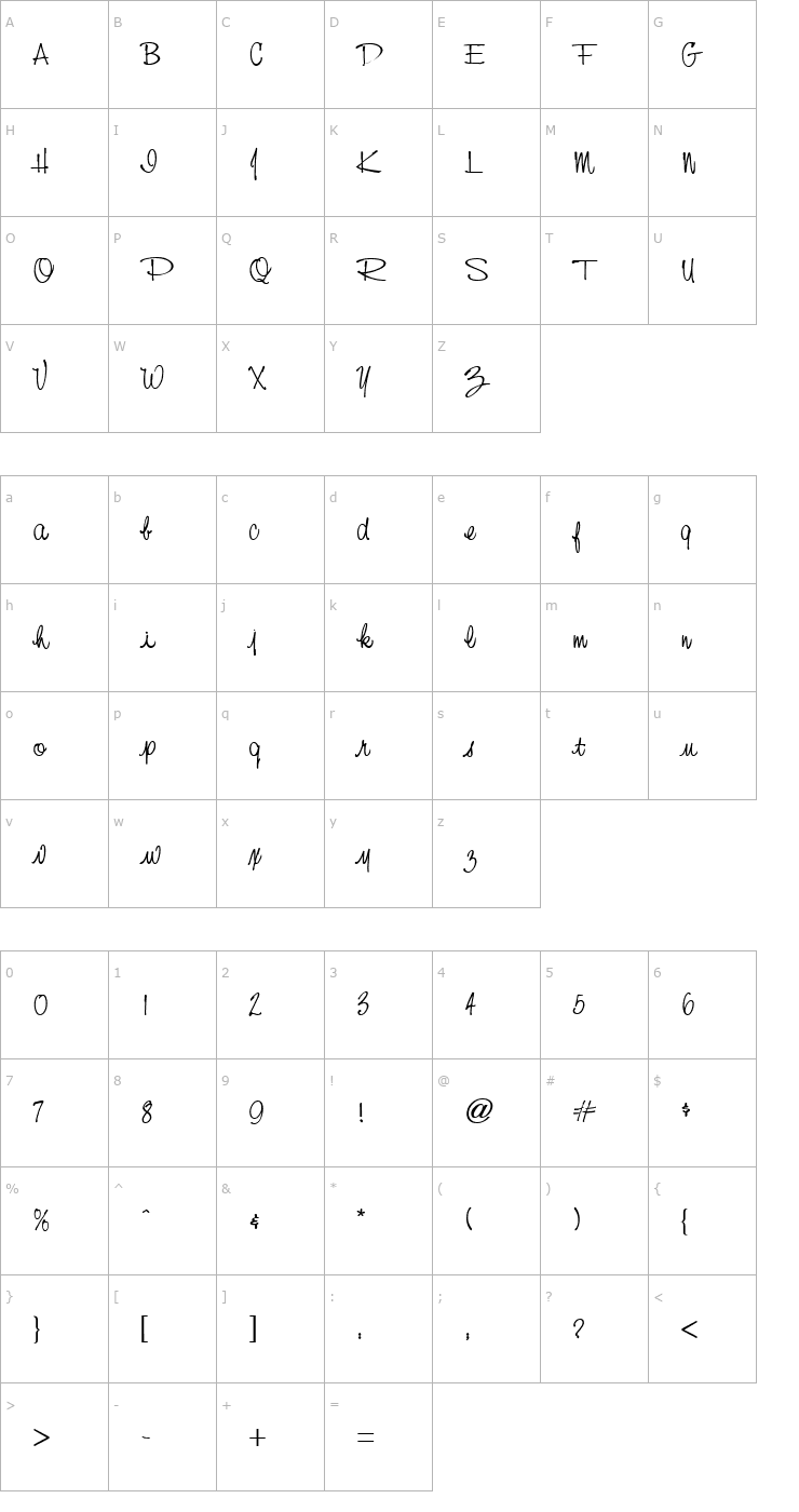 Character Map Nevison Casual Script Regular Font