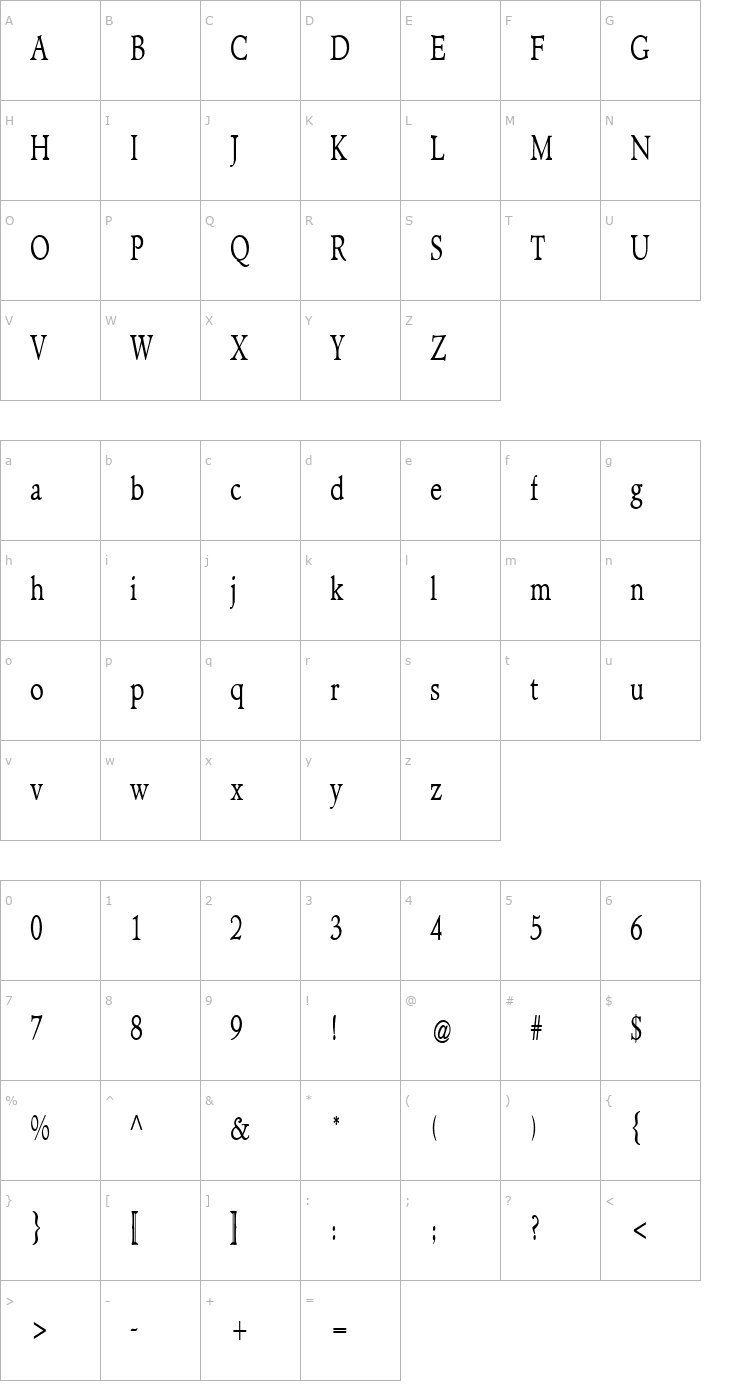 Character Map NewHampshireCondensed Font