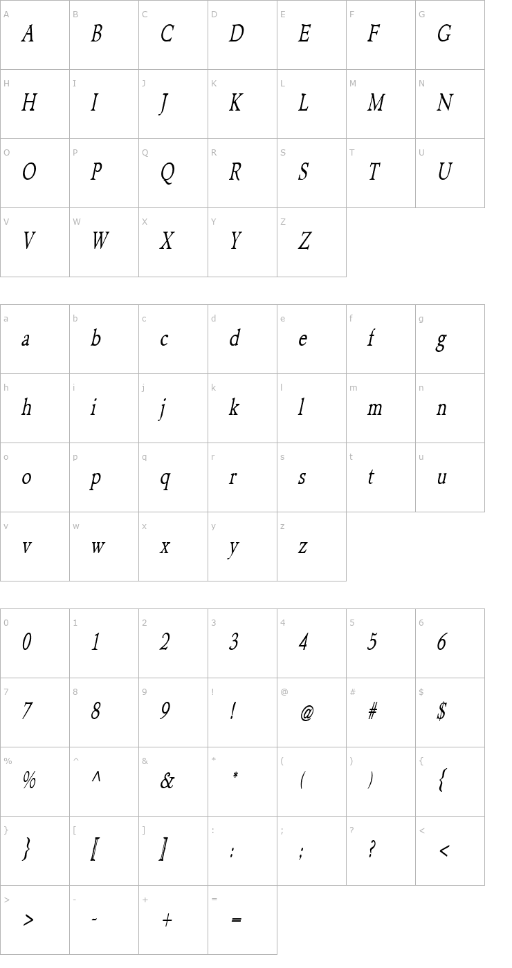 Character Map NewHampshireCondensed Italic Font